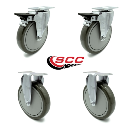 Service Caster 6 Inch Gray Polyurethane Swivel Top Plate Caster Set with 2 Brakes 2 Rigid SCC SCC-20S614-PPUB-PLB-2-R614-2